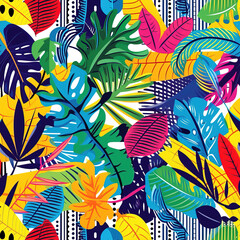 Tropical leaf doodles cartoon repeat pattern, vibrant floral retro line art jungle palm leaf striped repetitive boho trendy pattern