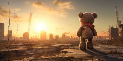 Teddy bear, holding a balloon, at sunset, in a city ruins, watching the sun slowly disappear behind tall buildings,