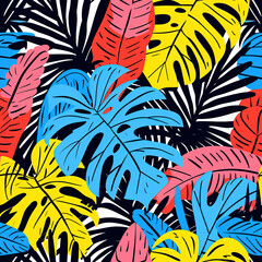 Tropical leaf doodles cartoon repeat pattern, vibrant floral retro line art jungle palm leaf striped repetitive boho trendy pattern