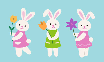 Obraz na płótnie Canvas Cute bunny holding flowers vector.