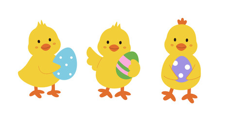 Easter chick holding colored eggs vector