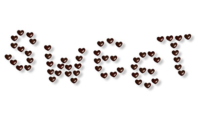 艶のあるハート形チョコレートをアレンジした、浮いている"sweet"の文字。白背景。