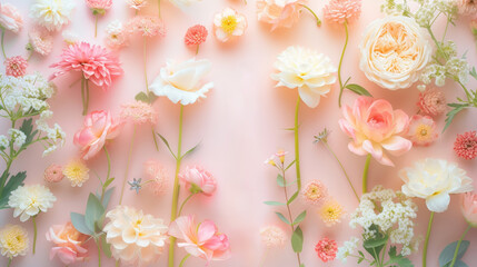 top view pink white flowers on soft pink pastel background beauty spring.