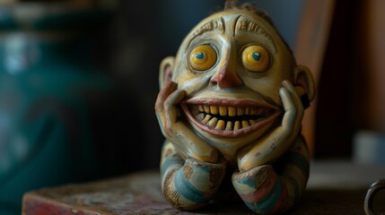 Creepy ceramic demon wide eyes and a big smile with yellow teeth
