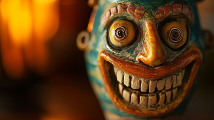 Fototapeta premium a colorful ceramic sculpture demon horror mask with yellow teeth