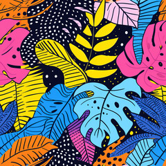 Fototapeta na wymiar Tropical leaf doodles cartoon repeat pattern, vibrant floral retro line art jungle palm leaf striped repetitive boho trendy pattern