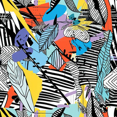 Tropical leaf doodles cartoon repeat pattern, vibrant floral retro line art jungle palm leaf striped repetitive boho trendy pattern