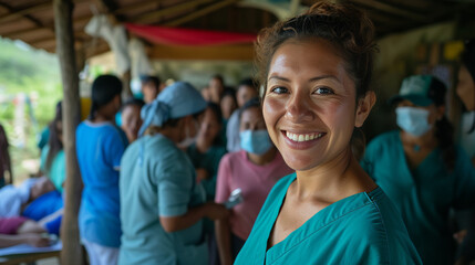 dental care professional woman volunteers in community village provide oral health services - obrazy, fototapety, plakaty