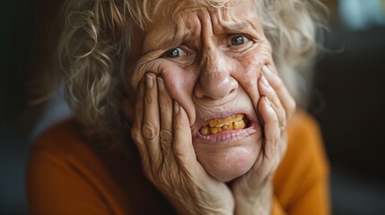 old age woman presses hand to cheek suffers from pain in tooth. Teeth decay dental problems
