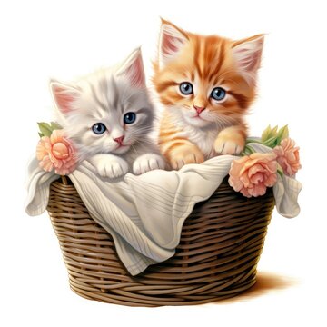 Two Kittens Sitting in a Basket With Flowers. On White Background.