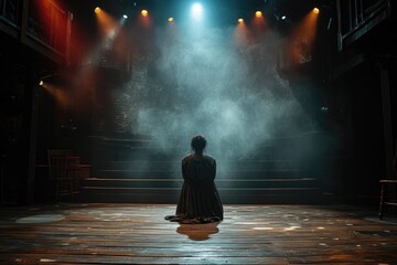 Actress on Stage in the Spotlight Amidst Mist