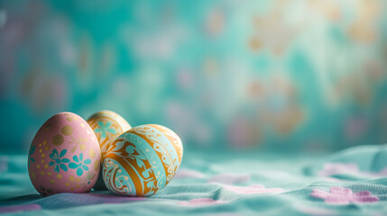 Easter celebration, a fluffy bunny nestled among multicolored eggs with festive patterns.