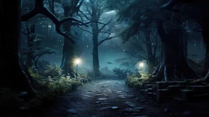 Tuinposter Foggy Enchanted Forest at Twilight with Light Filtering Through Trees  © Creative Valley