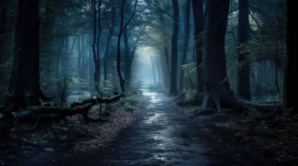 Papier Peint photo Lavable Route en forêt Mystical Forest at Dusk: Serene Pathway into the Unknown 