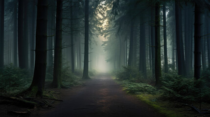 Tranquil Dusk in a Foggy, Enchanted Forest with Mysterious Path
