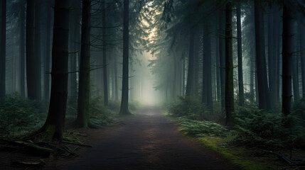 Naklejka premium Tranquil Dusk in a Foggy, Enchanted Forest with Mysterious Path 