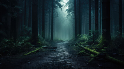 Enchanted Forest Path at Dusk: A Foggy, Mystical Journey
