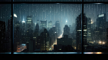 Soothing Rainy Night View of City Lights Through a Window
