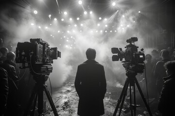 Film director on set before a professional cinema camera - obrazy, fototapety, plakaty