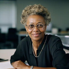 Old black woman wearing glasses in the empty office room