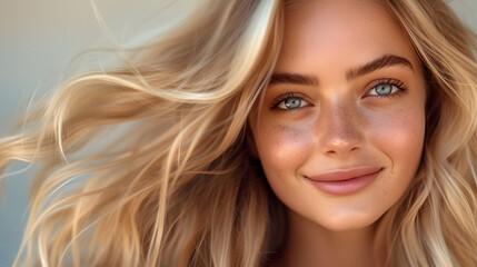 Beautiful woman with smooth healthy face skin. Gorgeous young woman with long hair and happy smiling. Beauty and cosmetics skincare advertising concept