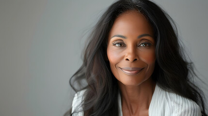 Fototapeta premium Beautiful aging looking woman with black hair and happy smiling, beauty and cosmetics advertising concept
