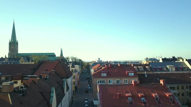 Aerial view of old historical Linkoping city in Sweden. European architecture in scandinavian town