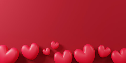 Valentine's day banner design of hearts on red background with copy space 3d render