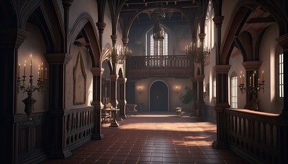 Large hall of medieval palace in gothic style. - obrazy, fototapety, plakaty
