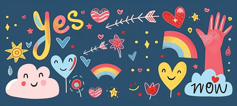 Cartoon Set of Hand Drawn Elements, Vector Style, the word yes, the word wow, cloud rainbow heart star, Isolated on Dark Blue Background, retro colors, Collection of cartoon characters, cute doodles
