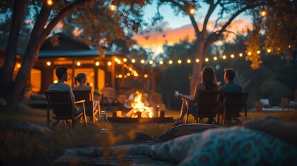 A jubilant family gathered around a backyard bonfire, toasting marshmallows and sharing stories under the starry night sky.