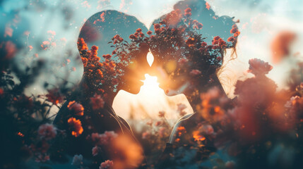 Obraz na płótnie Canvas Man and woman in love on a background of flowers at sunset, double exposure. Love, beauty, Valentine's Day