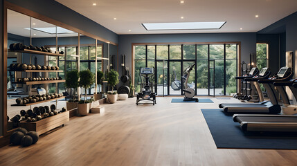An image of a home gym with a wall of mirrors and glass doors.
