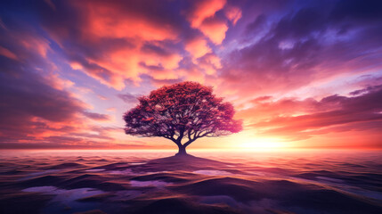 Dramaticilhouette of a Lone Tree agait a Colorfuluetky