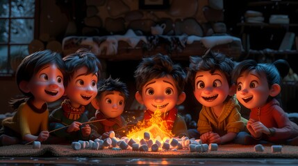 A loving family gathering around a cozy fireplace on a winter evening, roasting marshmallows and sharing stories. 