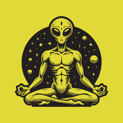 diverse alien meditating and doing yoga breathing exercise peaceful mind vector illustration
