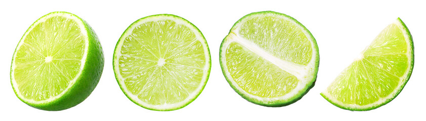 Fresh lime slice and half isolated, transparent PNG, collection, PNG format, cut out