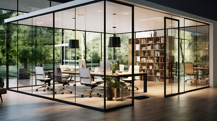 An office workspace with adjustable glass partition walls.