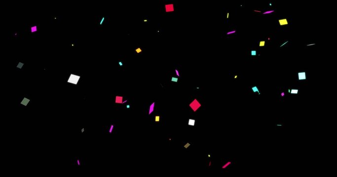 Confetti falling party popper explosion motion graphic in 4K. Birthday anniversary celebration colorful square particles falling bg. Ideal for graduation, weddings, birthday parties, streamers, etc.
