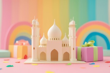 castle is surrounded by scattered, multicolored confetti and two wrapped gift boxes, creating a festive atmosphere