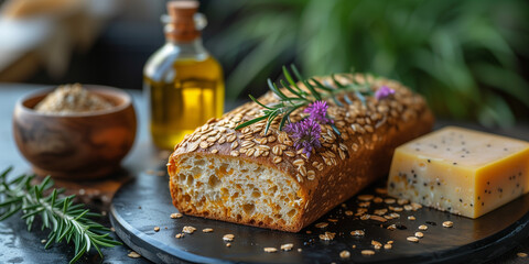 Cheese, sourdough bread and olive oil