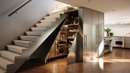 Titanium-coated steel hidden closet under stairs with clean lines