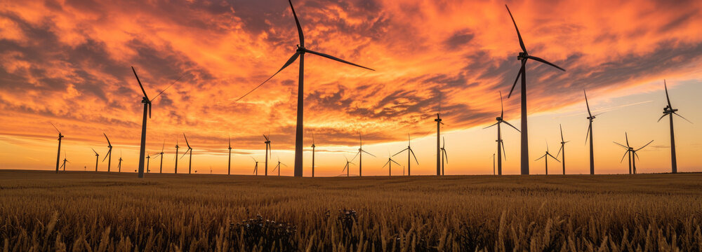 Wind turbines gracefully dot the hills, symbolizing the power of renewable energy and the commitment to environmental and ecological electricity alternatives