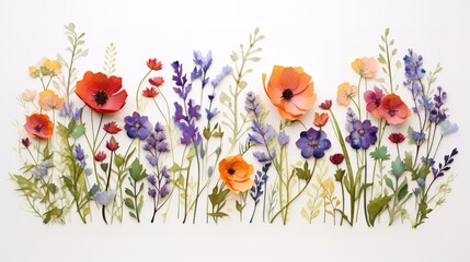 beautiful wildflowers on white paper background, generative ai, generative, ai