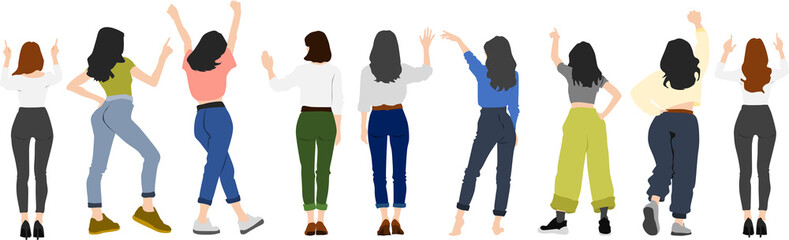 後ろ向きの女性隊のイラスト