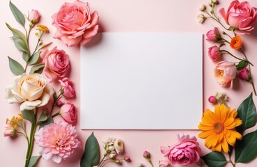 blank note paper on pink table with colourful floral border, flatlay mockup top view with copy space