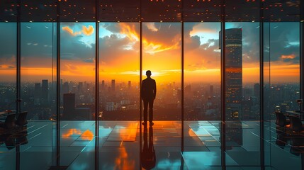 A man in business attire making a presentation to his colleagues in a modern conference room with a panoramic city view - obrazy, fototapety, plakaty