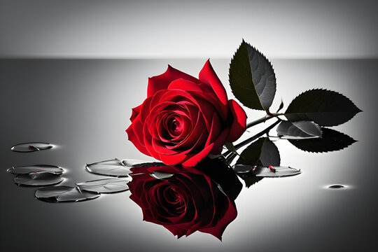 Black and white photograph, rose in center frame, stark contrast, red petals standout with selective color technique, positioned atop an empty reflective surface. Generative AI