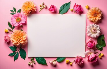blank note paper on pink table with colourful floral border, flatlay mockup top view with copy space
