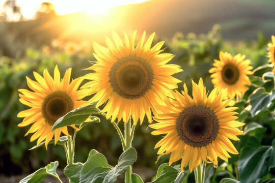 Sunflowers Blooming in Morning Light. Symbolizing the Vitality of a New Day.